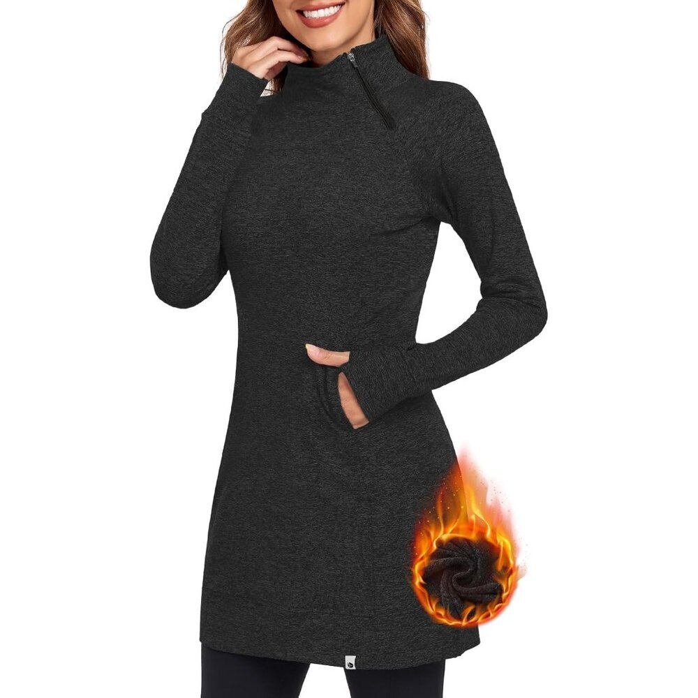 Women's Fleece Dress Running Sweatshirt Dress with Thumb Holes Pocket Zip-Black